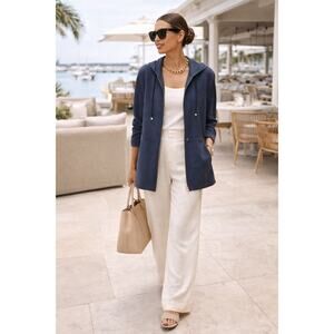 St. John Hooded Coat Lightweight Full Zip Long Jacket Blue Sporty Casual Medium